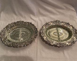 Lot#41 $50 Pair of oval silver plated dishes with divided glass inserts 14" x 11"