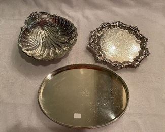 #45 $60 Lot of 3 small silver plated dishes-oval 10"x 7", shell 8" x 10", small footed 9"