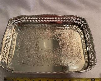 Lot#47 $75- Small rectangular silver plated pierced gallery England talon and ball feet, some copper showing 12" x 8-1/2"