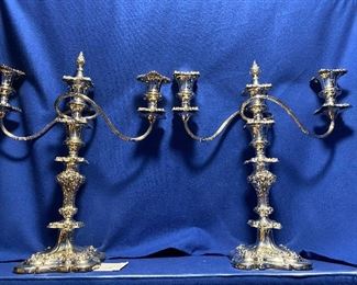 #49 $175 Pair of 3 candle candelabras. Silver plated England 16"H