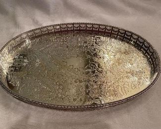 #55 $85 Oval tray chased Viners of Sheffield pierced gallery 15" x 10"