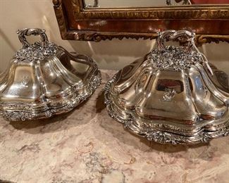 #64 $250 Pair of Old Sheffield covered dishes 11" x 11" x 7"H