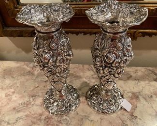 #75 $95  pair of repousse vases 8"H