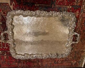 #90 $295- Silver plated, chased tray 30" x 21"