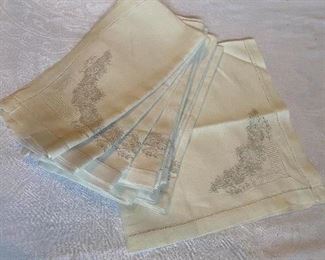 Lot#512 $95-12 white napkins, fine embroidery, hemstitched edge 21-1/2"square