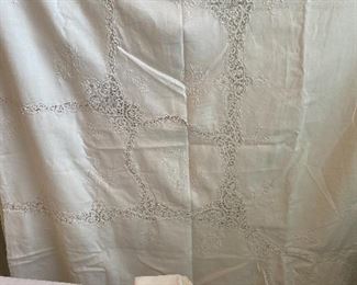 Lot#556 $145-White tablecloth 88"x102" and 8 napkins-tape lace