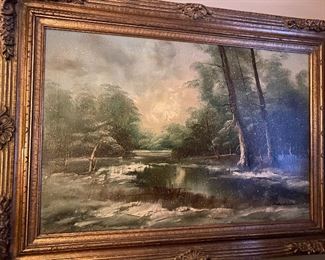 Lot#642 $800 Wood and River painting upstairs