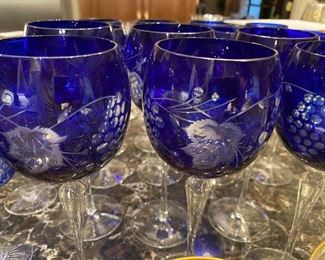 Lot#458 $112- 14 Blue cut to clear goblets 9-1/4"H