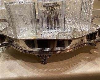 Lot#469 $125-18"x14" silver plate tray with feet, pierced gallery and handles. Some copper showing. made in England