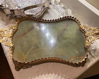 Lot#691 $275 French tray with jade insert and pierced gold gallery, handles and feet