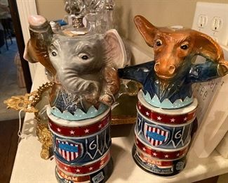 Lot#472 $65   -Vintage Jim Beam Democrat and Republican decanters 11"H