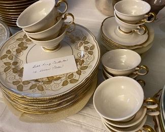 Lot#428  $160- Gold Leaf Castleton 12 dinner plates, 11 cups and saucers. 