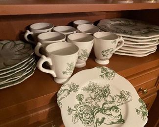 Lot#432- $290- Andrea by Sadek "Bunny Toile" 8 dinner plates, 6 salad, 8 mugs