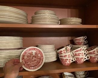 Lot#406 $750 Copeland Spode Tower red 12 dinner, 12 salad, 12 soups, 12 bread and butter, 14 cups and saucers