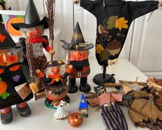 Lot#853 $95 Lot of halloween figures including 3 marionettes, scarecrow, wooden witches and trinket boxes