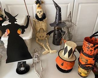 Lot#854 $45- Lot of halloween baskets, skeleton, 3 metal witches