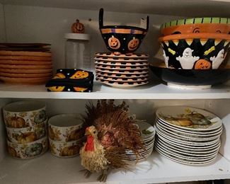 Lot#847 $65- Lot of Fall and halloween dishes including Fitz and Floyd pumpkin plates