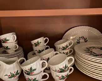 Lot#412 -$75 Unmarked Christmas dishes-12 dinner, 12 cups and saucers, creamer, sugar(no lid), platter