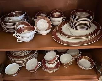 Lot#414 -$960- Royal Doulton Buckingham- 12 dinner, 11 salad, 11 bread and butter, 12 cups and saucers, 12 coupe soups, 12 cream soups and saucers, 2 small platters, 1 large platter