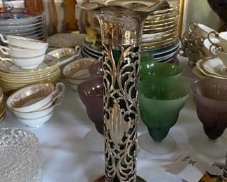 Lot#475- $65 Green vase insert in silver plated filigree