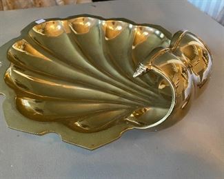 Lot#675 $65 Large brass shell dish on 3 ball feet