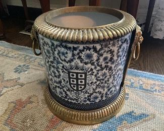 Lot#685 $45 Blue and white with metal detail planter