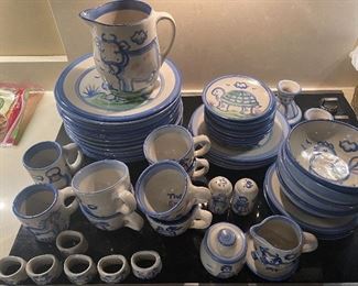 Lot#445- $250 Hadley 12 dinner, 5 lunch, 3 salad, 3 bread & butter, 6 cups and saucers, 4 mugs, cream and sugar, 2 candleholders, salt and pepper, 6 napkin rings, pitcher