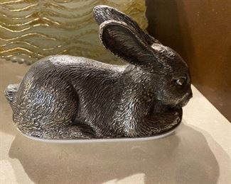 Lot#950 $35 pewter bunny butter dish cover . base is china