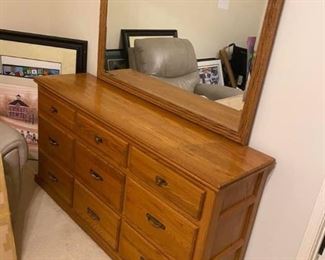 Solid Wood Dresser with Dovetail sliding Drawers & Beveled Mirror
Heavy! 
Dresser measures: 64 1/2” x 18” x 34” tall
Mirror measures: 51” x 40” 
Must be able to move & load yourself