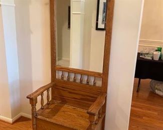 Vintage Mirrored Hall Tree with Storage
30” across x 18” deep x 17” tall to seat, 80” tall to back.
Excellent condition.
Must be able to move and load yourself.