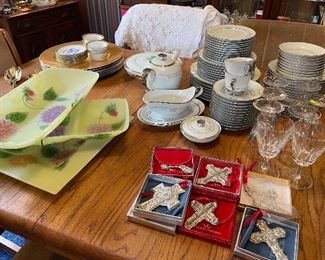 Wallace Sterling Silver Cross Ornaments, Selb Platinum China, Chargers, Spring Floral Serving Pieces