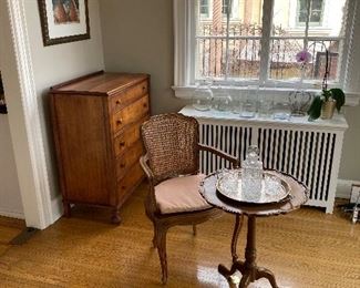 Late 19th 5 Drawer Chest with a French Style Chair and a c.1790 Tilt Top Candle Stand