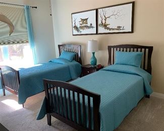 $750~ PRECIOUS ASHLEY TWIN BEDS WITH MATTRESSES AND BOXSPRINGS INCLUDED $65`~ TEAL LAMP 