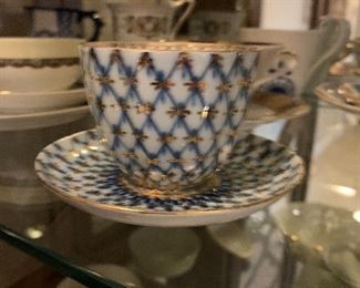 $58~ RUSSIAN IMPERIAL LOMONOSOV PORCELAIN TEA CUP AND SAUCER  HAND  PAINTED COBALT 24KT GOLD  