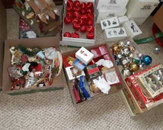 Vintage Christmas ornaments including Shiny Bright in the Box