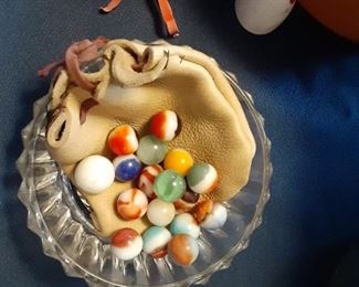 Vintage old playing game marbles with bag