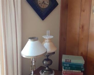 All the carpentry books and vintage table lamps