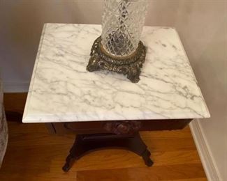 2- $295 Pair of Lyre tables marble top 18”L x 14”W x 28”H 			