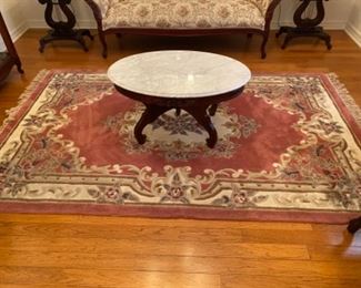 9-$150 Chinese pink rug 8’6” counting fringes x 5’W				