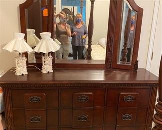 57- $380 - Long dresser with triptych mirror 5’4”L  x 18”D x 37”H & Mirror is 48”T
