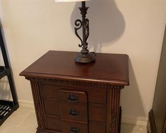 56-$250 Pair of night stands 28”L x 18”D x 28”H & #62-	Pair of iron lamps matching bed frame $70 