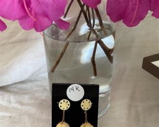 $180 - 14kt earrings Chinese bone carved balls 