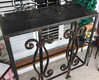 Heavy wrought Vintage Baker's Rack base with stone top