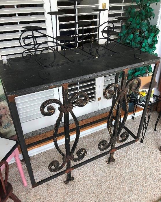 Heavy wrought Vintage Baker's Rack base with stone top