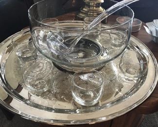 Punch bowl, glasses and ladle, silver tray