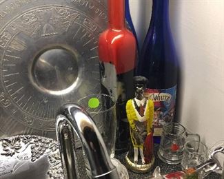 Vintage Aluminum platter, small pewter dish and bar tools, etc.