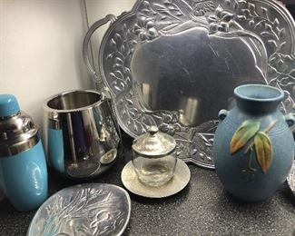 Pewter pieces; neat pottery urn/vase