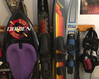 Skis and Knee board, life jacket