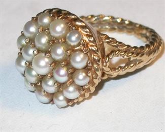 Gold & cultured pearl cluster ring - ropes sides