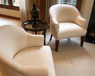 2 Ivory club chairs by R Jones - Dallas, - available  -   small iron and glass side table and urn - SOLD